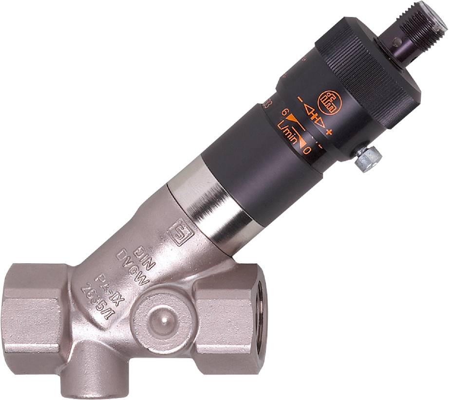 Ventil mit Flussregelungsskala, zeigt Strömungsraten in Litern pro Minute. Verbindet Rohre durch Schraubanschlüsse.