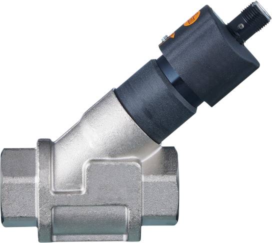 Ein verstellbarer Metallventil mit schwarzem Drehknopf, eventuell zur Durchflussregulierung in industriellen Anwendungen verwendet.