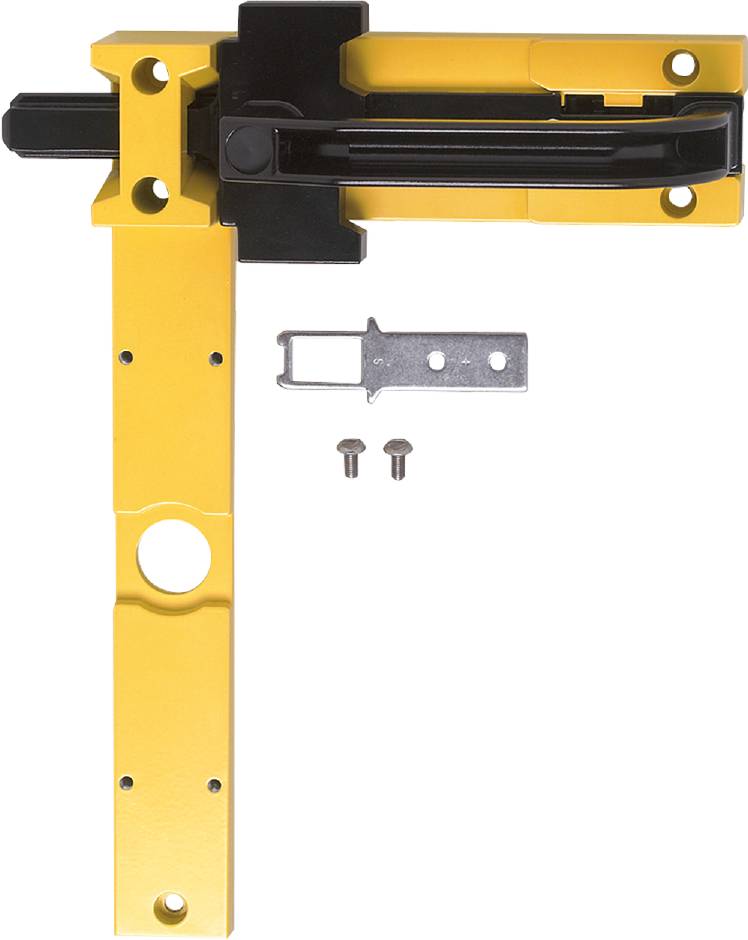 Ein gelbes Türschloss mit schwarzem Griff, daneben eine silberne Metallschiene und zwei Schrauben.