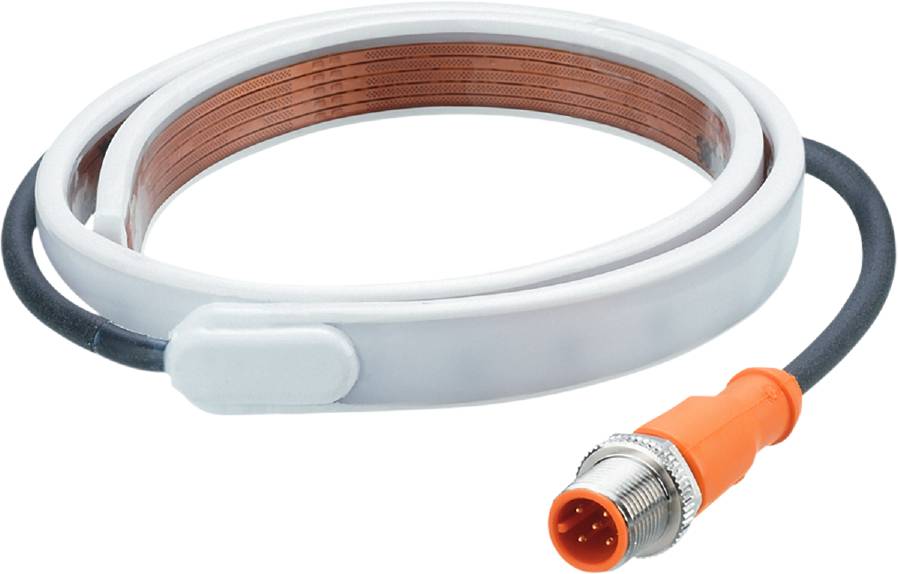 Rundes, weißes Induktionskabel mit Kupferspule und orangem, zylindrischem Stecker am Ende.