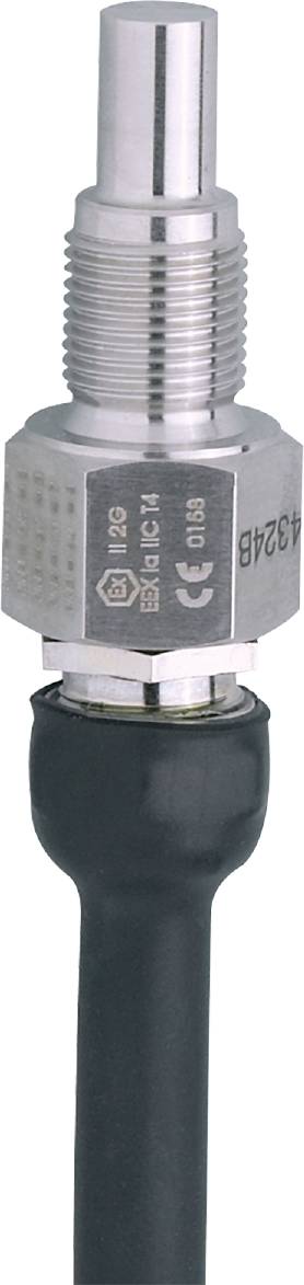 Ein silbernes Geräteteil mit Aufschriften 'Ex II 2G', 'CE' und Zahlen. Es ist teilweise von einem schwarzen Material umgeben.