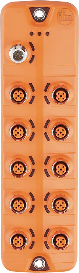 Nahaufnahme einer orangefarbenen elektrischen Steckverbindung mit vier runden Buchsen, jede mit mehreren Steckplätzen.