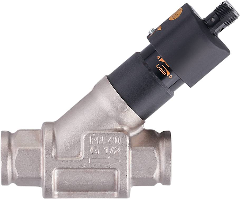 Silbernes Ventil mit schwarzem elektronischen Aktuator, geeignet für industrielle Anwendungen. Markierungen: 'PN 40' und 'G 1/2'.