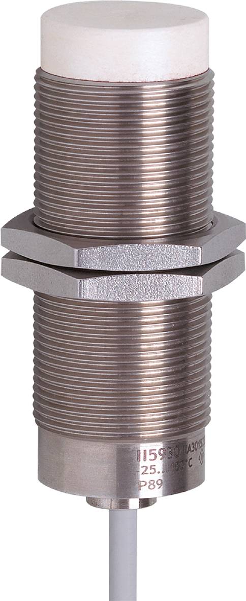 Ein zylindrischer Metallkörper mit Gewinde und Sechskantmuttern, möglicherweise Teil eines maschinellen Sensors oder Schalters.