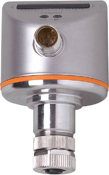 Nahaufnahme eines silbernen zylindrischen Sensors mit einem orangefarbenen Ring und einer elektrischen Anschlussbuchse oben.