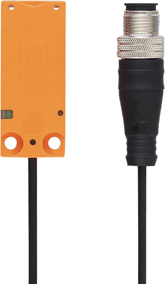 Orange Sensor mit Kabelanschluss, rechteckige Form, mit zwei Befestigungslöchern an der Unterseite, für industrielle Anwendungen.