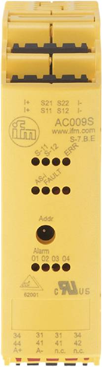Ein gelbes Gerät mit schwarzem Text und roten Lichtern. Markierungen: 'S-11', 'S-12', 'AS-I FAULT', 'ERR'. Unten steht 'Addr'.