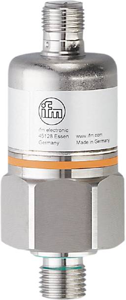 Ein zylindrischer Sensor mit der Aufschrift 'ifm electronic, 45128 Essen, Germany'. Auf dem Etikett steht 'Made in Germany'.