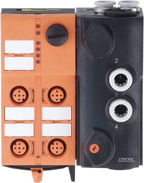 Ein orange-schwarzes elektrisches Anschlussmodul mit mehreren Steckplätzen und Anschlüssen, nummeriert für Verbindungen und Steuerung.
