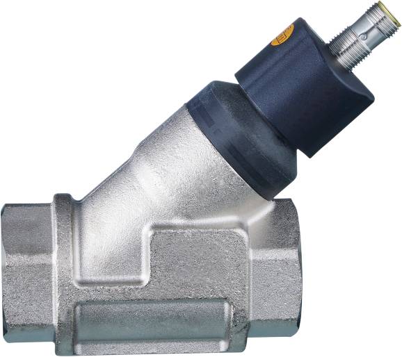 Silbernes Metallventil mit schwarzem Kunststoffkopf, gezeigt mit diagonalem Ansatz. Es scheint ein Teil von Industrieausrüstung zu sein.