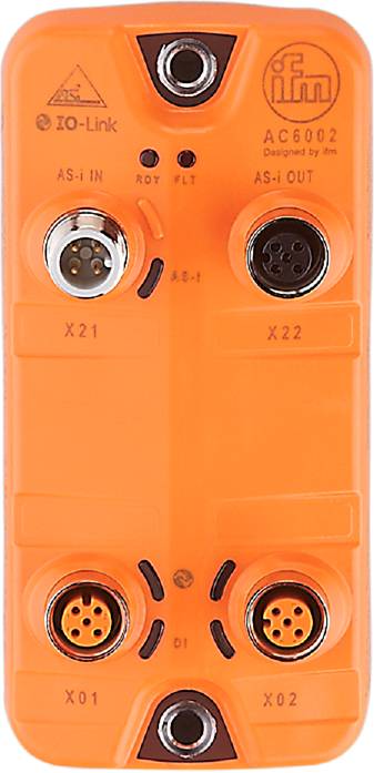 Elektronischer Sensor in orangem Gehäuse mit zwei runden Steckverbindungen oben, beschriftet mit 'X21' und 'X22'.