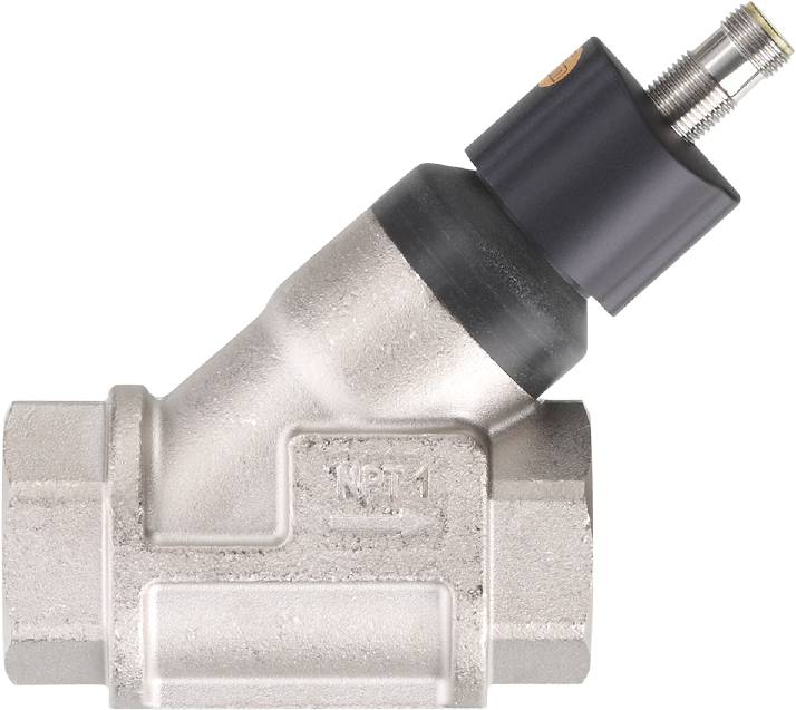 Ein silbernes Metallventil zeigt einen diagonal abgewinkelten Rohranschluss mit schwarzer Kappe oben.