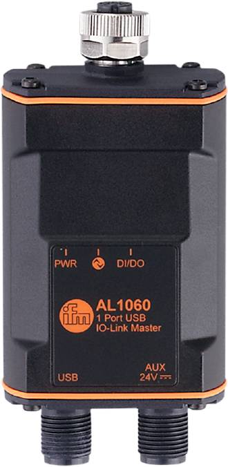 Detailansicht eines schwarzen IO-Link Masters mit orangenen Markierungen und dem Text 'AL1060 1 Port USB IO-Link Master'.