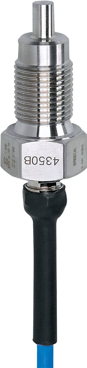 Ein verchromtes Bauteil mit Beschriftung '4350B', verbunden mit einem schwarzen Kabel, zeigt technisches Gerät für elektronische Anwendungen.