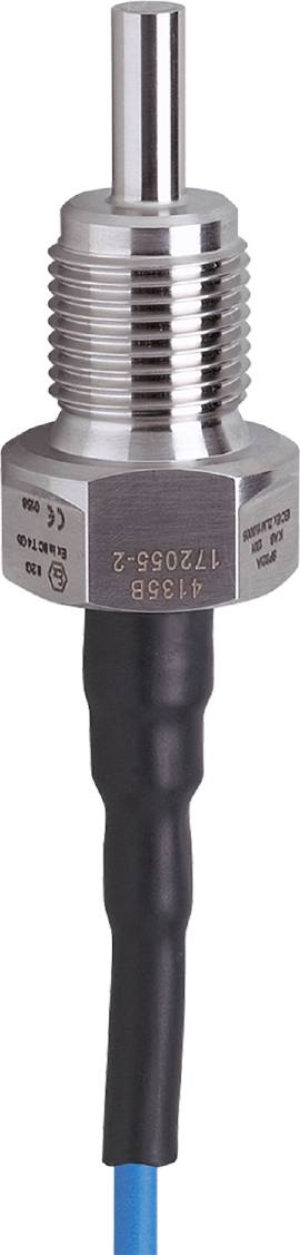 Ein metallischer Sensor mit der Aufschrift '413658 172056-2'. Der Sensor hat ein sechseckiges Gehäuse und einen schwarzen Anschluss.