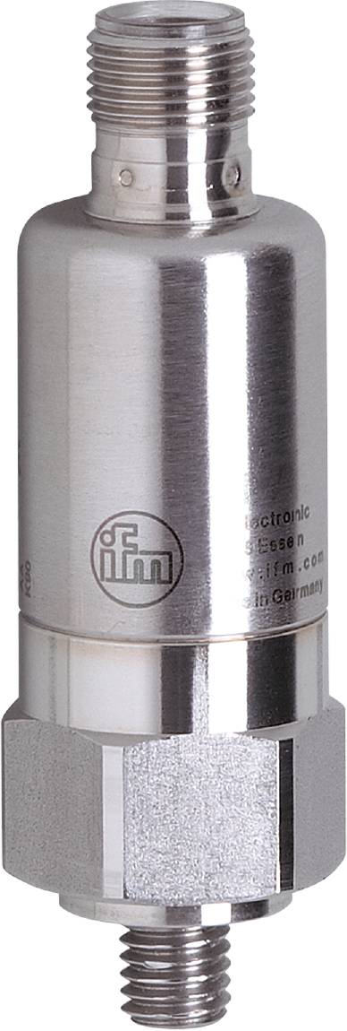 Zylinderförmiges Metallgehäuse mit 'ifm'-Logo und eingraviertem Text; möglicherweise ein elektronisches Bauteil.