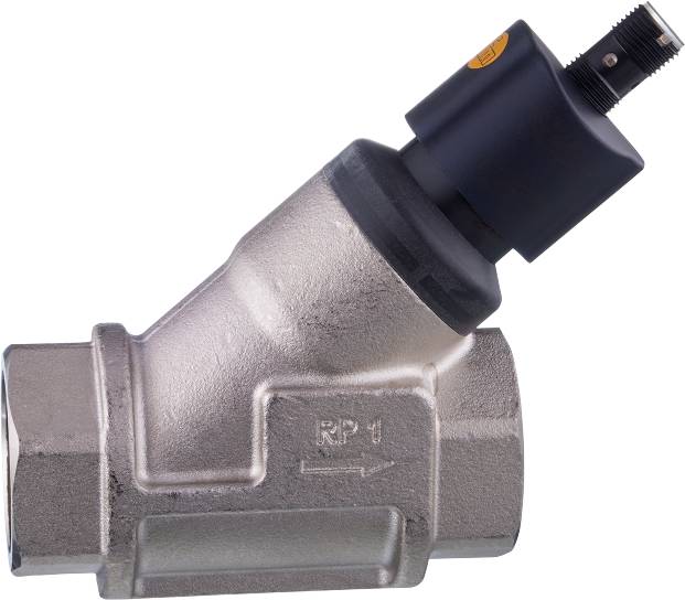 Ein Metallventil mit integriertem Drehregler, beschriftet mit 'RP1'. Entwickelt für präzise Steuerung in technischen Anwendungen.