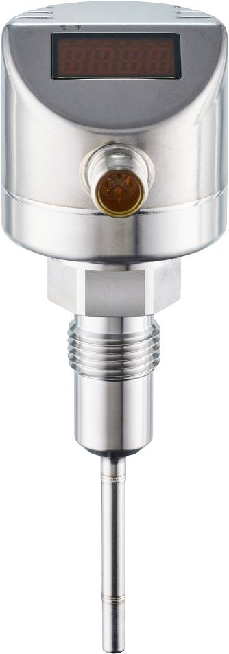 Ein metallischer Temperatursensor mit zylindrischer Form, Gewinde und glatter Oberfläche, verwendet in industriellen Anwendungen.