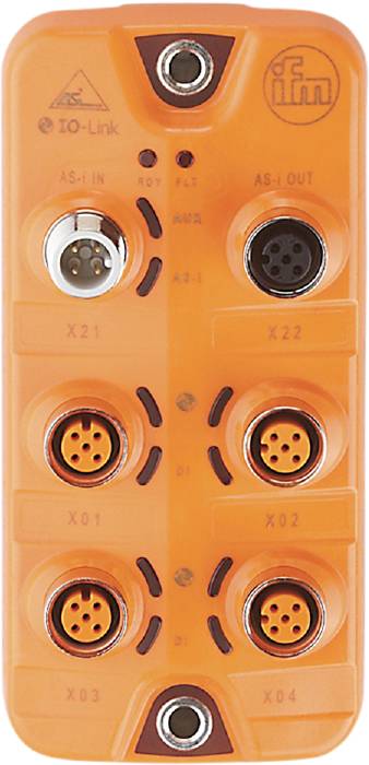 Elektrisches Verbindungsmodul mit vier kreisförmigen Anschlüssen, beschriftet als X21, X22, X01 und X02, auf orangefarbenem Hintergrund.