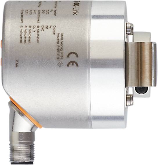 Ein zylindrisches, metallisches Sensorgerät mit Beschriftungen und Anschlüssen, seitlich montiert und aus Metall gefertigt.