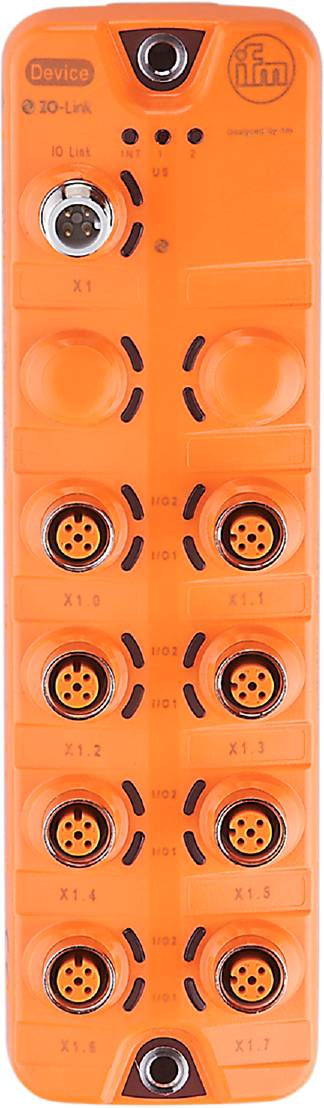 Orangefarbene Anschlussdose mit vier runden Steckplätzen. Jeder Steckplatz ist mit Seriennummern beschriftet: 'X1.0', 'X1.1', 'I/O1', 'I/O2'.