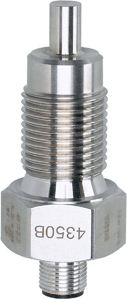 Metallschraube mit Gewinde und Sechskantkopf aus glänzendem Material, vor weißem Hintergrund.