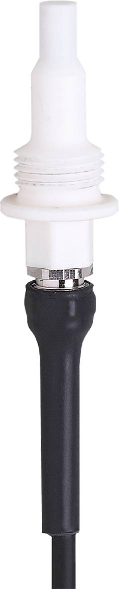 Ein weißer zylindrischer Stecker mit silbernem Rand, verbunden mit einem schwarzen Kabel.