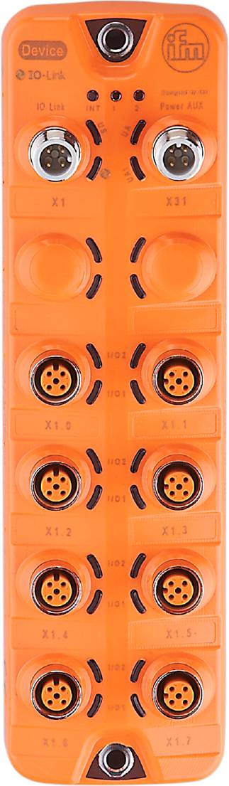 Orange Steckdose mit mehreren runden Verbindungen, gekennzeichnet mit 'X1.0' und 'X1.1'.