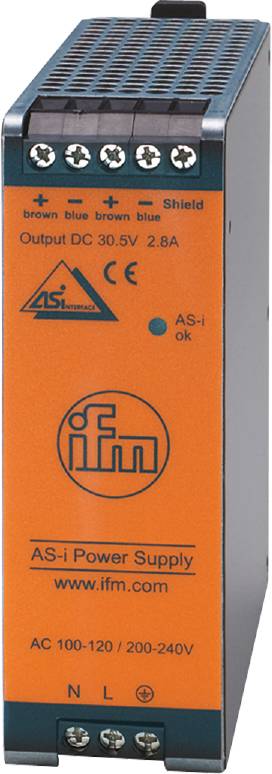 Elektronisches Bauteil mit 'AS-i Interface' und 'CE' Markierungen. Logo 'ifm'. Anzeige zeigt 'AS-i ok'.