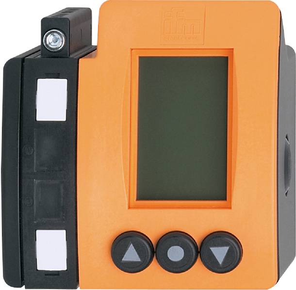 Ein orangefarbiges elektronisches Gerät mit einem Display und drei Tasten darunter. Links ist ein schwarzer Anhang mit Sensoren zu sehen.