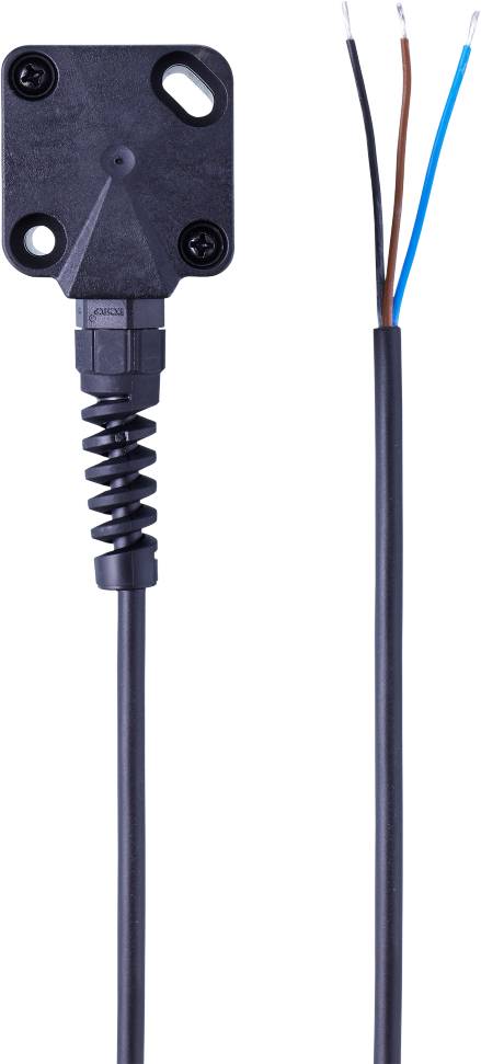 Ein schwarzes Stromkabel mit freiliegenden blauen und braunen Adern an einem Ende und einem isolierten Stecker am anderen Ende.