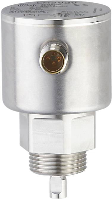 Metallisches Sensorgerät mit rundem Gehäuse und sichtbarem Steckverbinder oben, vermutlich zur Druck- oder Temperaturmessung.