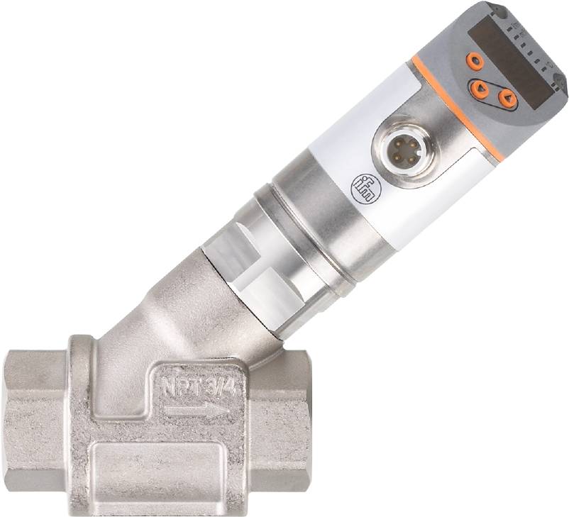 Ein metallisches, winkliges Ventil mit einem elektronischen Sensor oben. Es scheint Teil eines industriellen Rohrleitungssystems zu sein.