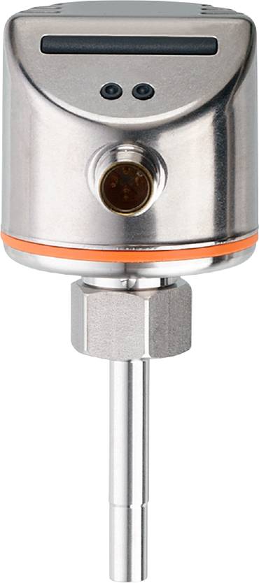 Ein metallischer Sensor mit orangefarbener Linie, oberer Anschluss und langer Stab, möglicherweise für Temperaturmessungen.