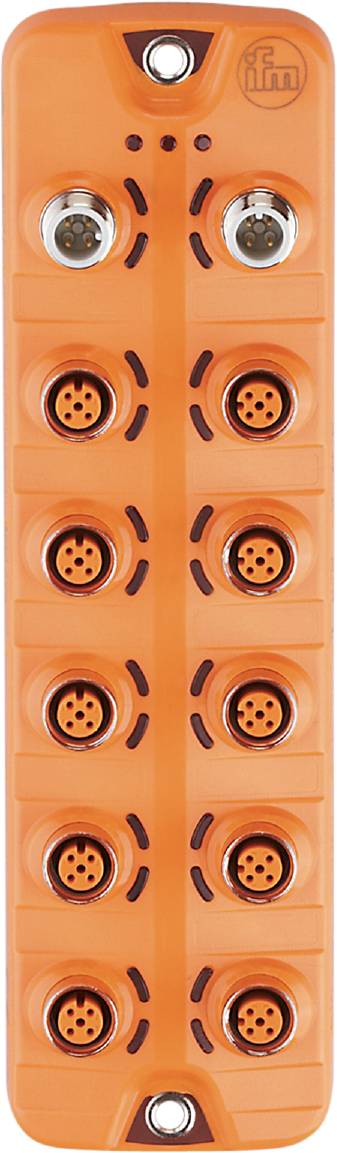 Orangefarbener Anschlussblock mit acht kreisförmigen Buchsen in zwei vertikalen Reihen.