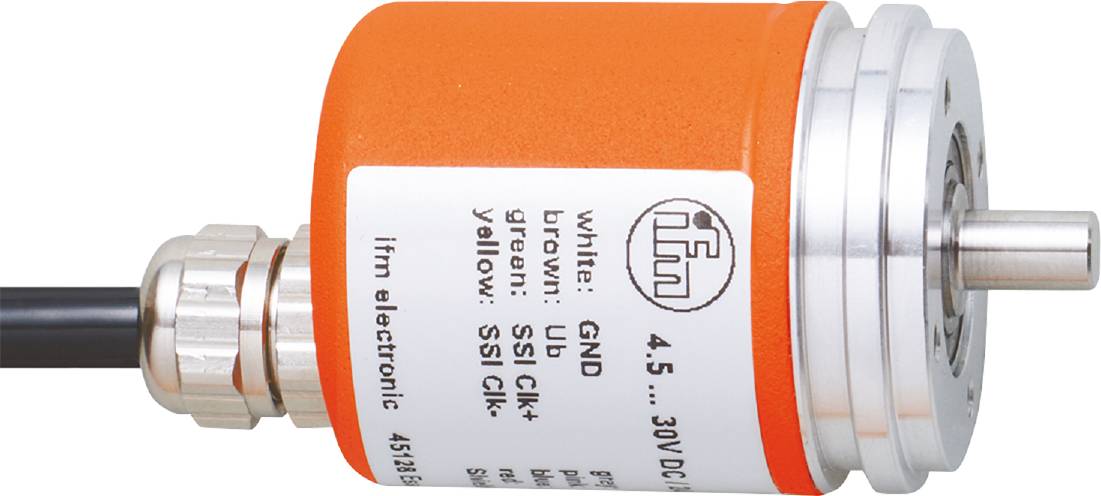 Ein orangefarbener Sensor mit weißen Aufschriften und technischer Spezifikationen, zeigt Steckverbindungsdetails und ein Firmenlogo.