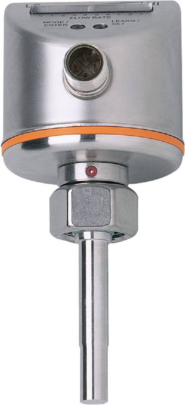 Industrielles Sensorgerät mit Metallgehäuse und orangefarbenem Ring. Integrierter Drucksensor, möglicherweise für Messanwendungen.