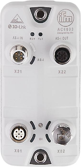 Weißes elektrisches Gerät mit zwei Steckverbindungen, markiert als X21 und X22, mit weiteren kleinen Aufdrucken 'AS-i'.