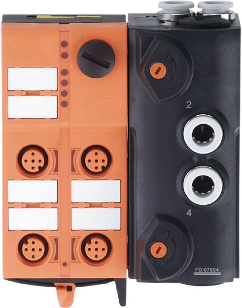 Eine orange und schwarze elektrische Anschlussbox mit mehreren runden Steckverbindungen und nummerierten Anschlüssen auf der schwarzen Seite.