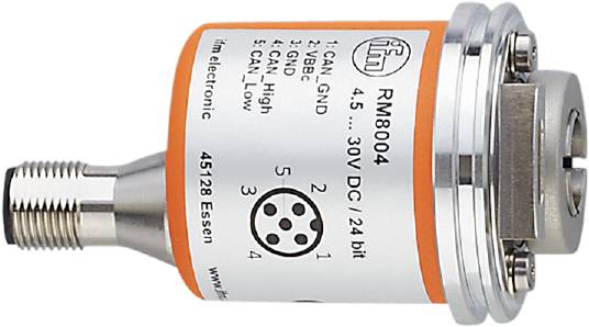 Nahaufnahme eines elektronischen Bauteils mit der Aufschrift 'RM8004 4.5 - 30V DC / 24 bit'. Zeigt Anschlussnummern und das Logo von 'ifm electronic'.