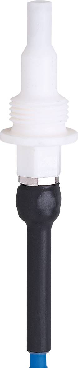 Weiße, quadratische Kunststoffkomponente mit schwarzem gummiertem unteren Teil, möglicherweise ein Schalter oder Sensor.