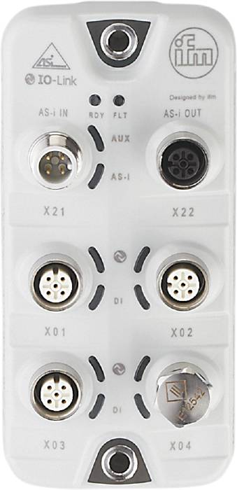 Elektronikmodul mit vier Steckverbindern (X21, X22, X01, X02) und Beschriftungen 'AUX', 'AS-I', 'DI'. Konzipiert für industrielle Anwendungen.