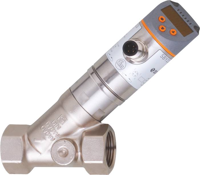 Das Bild zeigt einen elektronischen Durchflusssensor mit Metallgehäuse und digitalen Anzeigen, geeignet für industrielle Anwendungen.