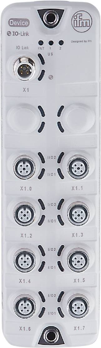 Vier runde Anschlüsse auf einer weißen Oberfläche, beschriftet mit 'I/O1', 'I/O2', 'X1.0' und 'X1.1', möglicherweise für elektrische Geräte.