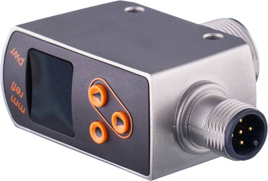 Ein digitales Messgerät mit einem Display und vier orangefarbenen Knöpfen. Es hat metallische Anschlüsse auf der rechten Seite.