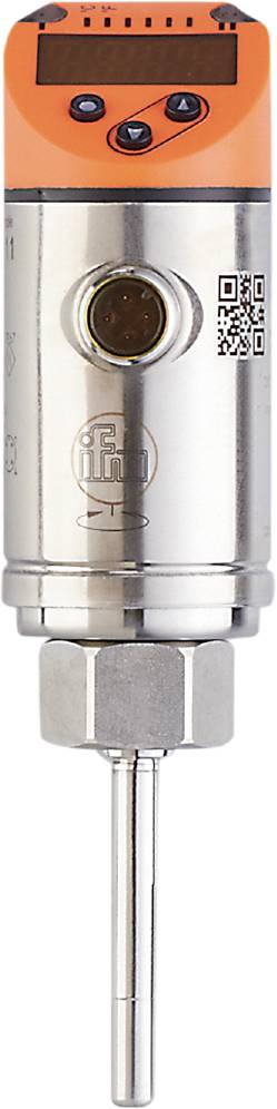 Ein silbernes metallisches Bauteil mit Schraubengewinde und Logo der Firma IFM, Detail einer industriellen Komponente.