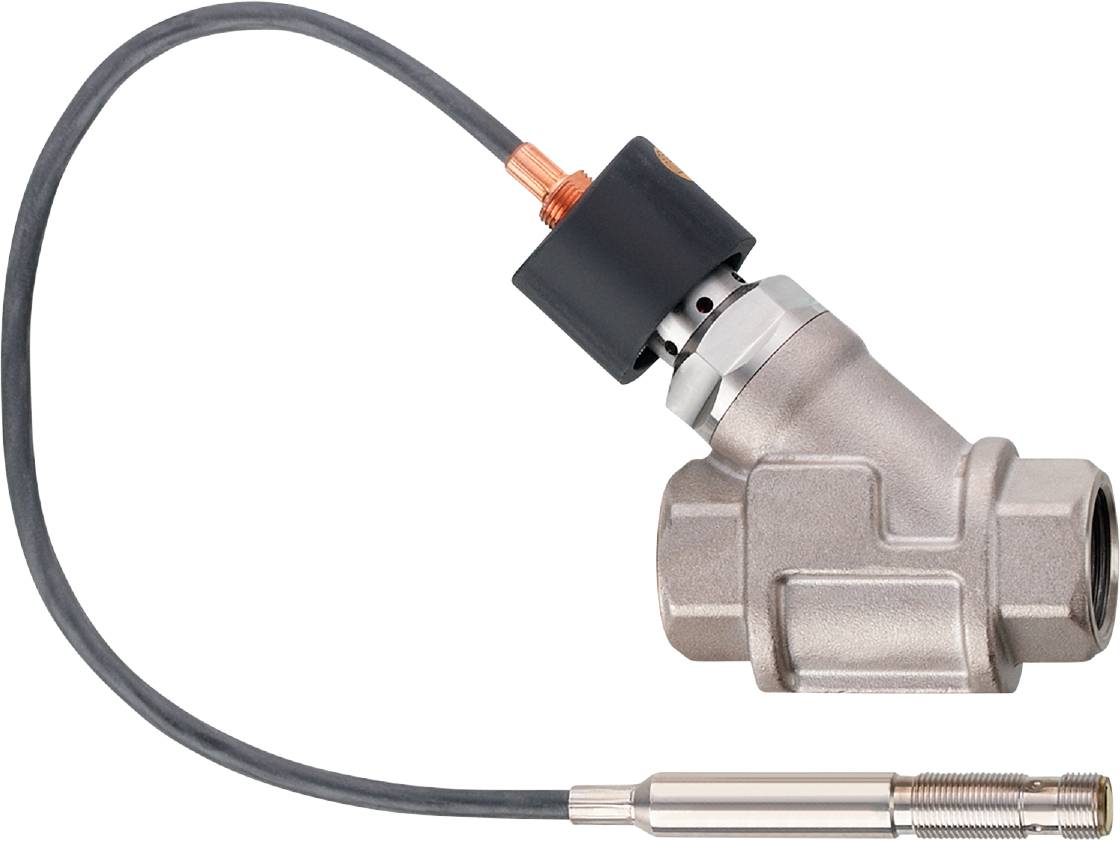 Drucksensor aus Metall mit schwarzem Gehäuse und Anschlusskabel, verwendet in industriellen Anwendungen zur Druckmessung.