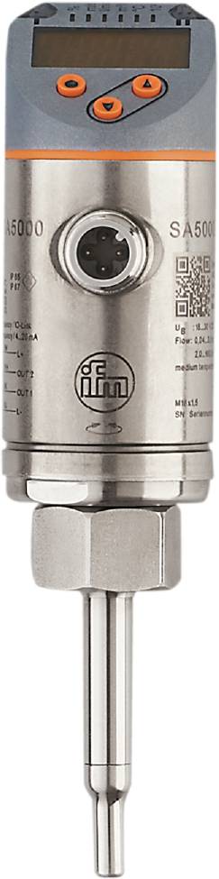 Metallischer Sensor mit Logo und Aufschrift. Geeignet zur Erkennung von Durchfluss in industriellen Anwendungen.