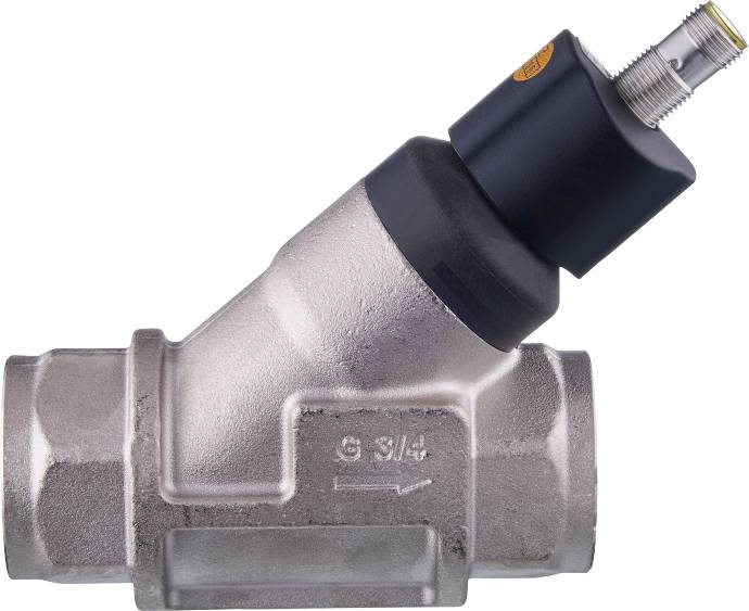 Metallarmatur mit Sensor, Pfeil zeigt Richtung des Gas- oder Flüssigkeitsflusses an.