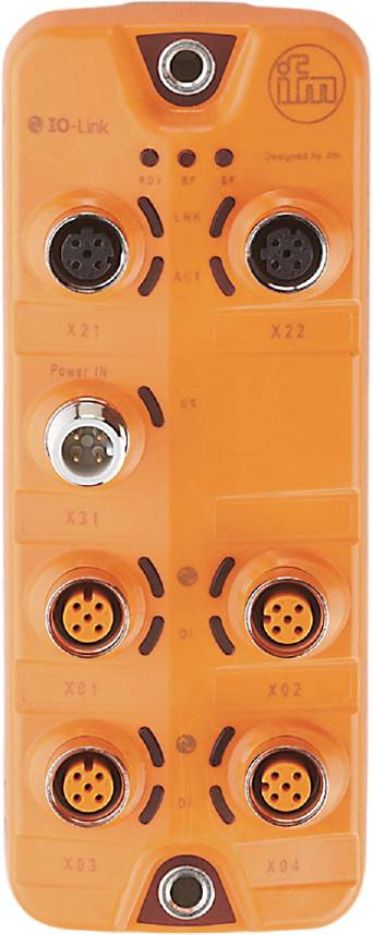 Ein orangefarbenes elektronisches Gerät mit mehreren runden Anschlüssen, die mit 'X21', 'X31', 'X22' und 'Power IN' beschriftet sind.